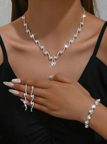 1 Set Fashionable Minimalist Wedding Jewelry Faux Pearl & Diamante Necklace, Earrings, Bracelet Suit For Women Wedding Party