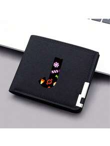 1件26字母卡通糖果元素钱包通用短款钱包男女生卡夹短钱包个性帆布双折钱包男孩女孩万圣节创意礼物生日 - 黑色 - 查看 24