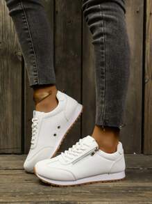 Women's Multifunctional Casual Sports Shoes, Platform Wedge Heel, Lace Up, Zipper Decor, Round Toe, Low Top, Non-Slip, Wear-Resistant Sneakers, Size 35-44, Couples/Parent-Child Style, Fashion Everyday/Outing Versatile Shoes