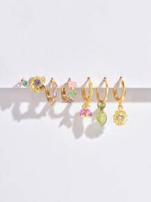 7 件优雅甜美花卉彩色锆石耳环和耳钉套装，适合派对、节日、约会或婚礼 - 金黃色 - 查看 4