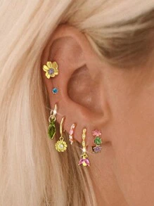 7 件优雅甜美花卉彩色锆石耳环和耳钉套装，适合派对、节日、约会或婚礼 - 金黃色 - 查看 1