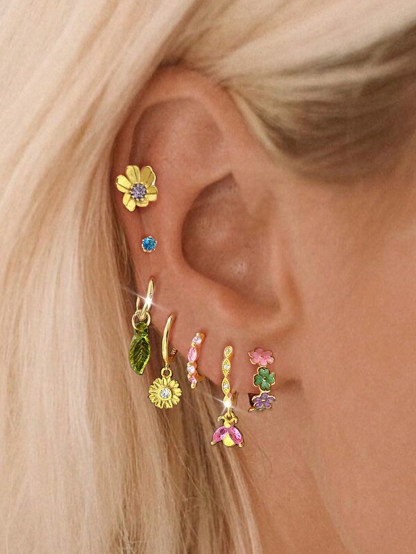 7 Stücke elegantes, süßes Ohrringe & Ohrstecker Set mit farbigem Zirkonia, geeignet für Partys, Feste, Dates oder Hochzeiten