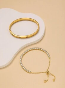 Fashionable Stainless Steel Star Pattern Bracelet With Zirconia, Adjustable Size, Suitable For Women Daily Wear - Yellow Gold - View 6