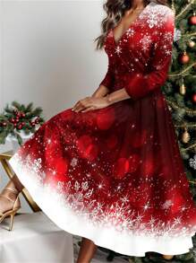 European & American Style Women Christmas V-Neck Dress, Fitted Comfortable With Flared - Burgundy - View 1