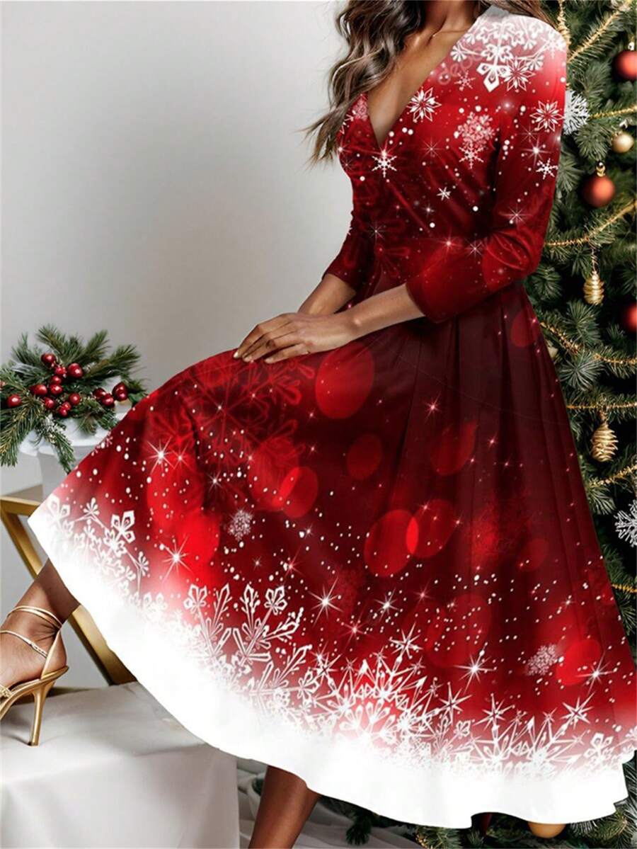 European & American Style Women Christmas V-Neck Dress, Fitted Comfortable With Flared - Burgundy - View 1