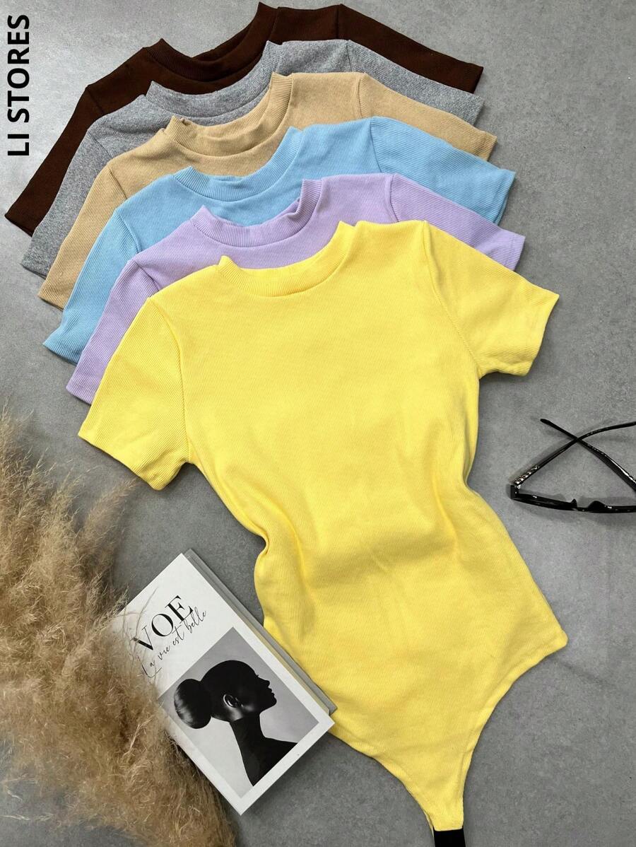 Women's Bodysuit Elegant Minimalist Bory Gray Basic Short Sleeve Thick Fabric Hollowed-Out Closed Neckline Plain Launch 2024 - 紫丁香色 - 查看 1