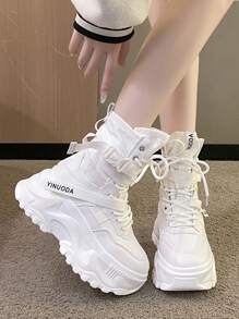 Botas de Cano Médio Femininas com Cadarços, Solas Grossas e Antiderrapantes, Bota de Princesa de Bico Redondo com Estilo de Rua, Couro Branco, Outono/Inverno