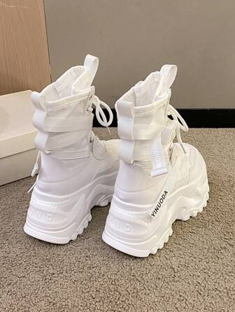 Women Mid-Calf Lace-Up Thick-Soled Boots With Non-Slip Soles, Round Toe Princess Boots With Street Style, White Leather, Autumn/Winter