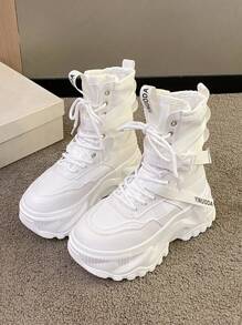 Botas de Cano Médio Femininas com Cadarços, Solas Grossas e Antiderrapantes, Bota de Princesa de Bico Redondo com Estilo de Rua, Couro Branco, Outono/Inverno
