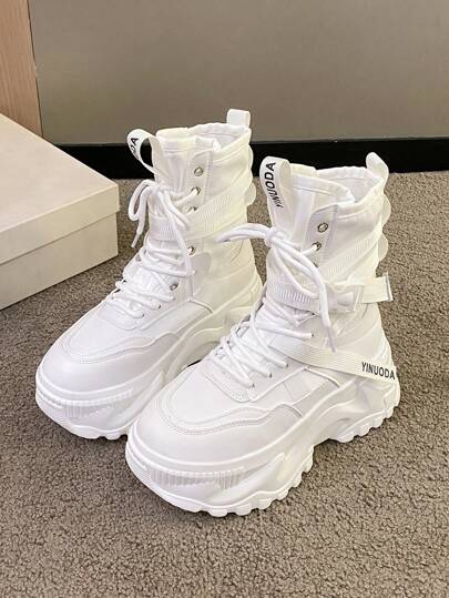 Women Mid-Calf Lace-Up Thick-Soled Boots With Non-Slip Soles, Round Toe Princess Boots With Street Style, White Leather, Autumn/Winter