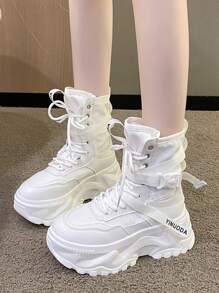 Botas de Cano Médio Femininas com Cadarços, Solas Grossas e Antiderrapantes, Bota de Princesa de Bico Redondo com Estilo de Rua, Couro Branco, Outono/Inverno