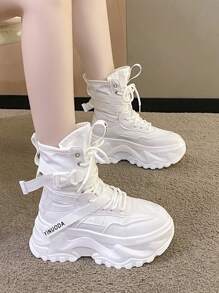 Botas de Cano Médio Femininas com Cadarços, Solas Grossas e Antiderrapantes, Bota de Princesa de Bico Redondo com Estilo de Rua, Couro Branco, Outono/Inverno