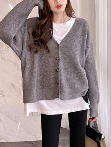 Ladies' Simple Casual Knitted Cardigan - Grey - View 3
