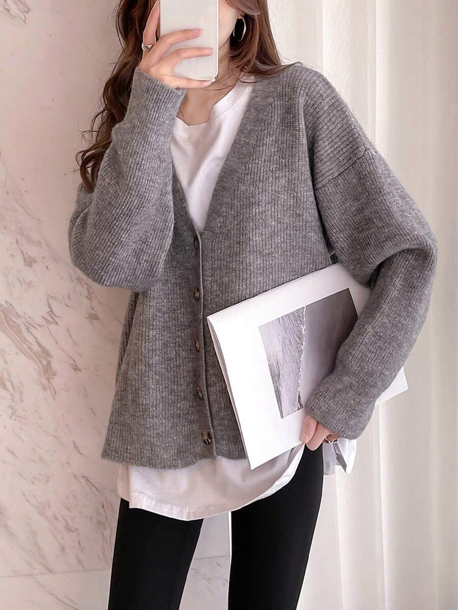Ladies' Simple Casual Knitted Cardigan - Grey - View 1