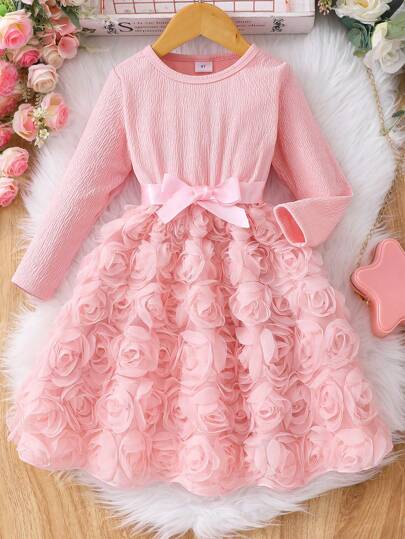 Young Girl Elegant Solid Color Patchwork 3D Rose Long Sleeve Knee-Length Dress With Belt