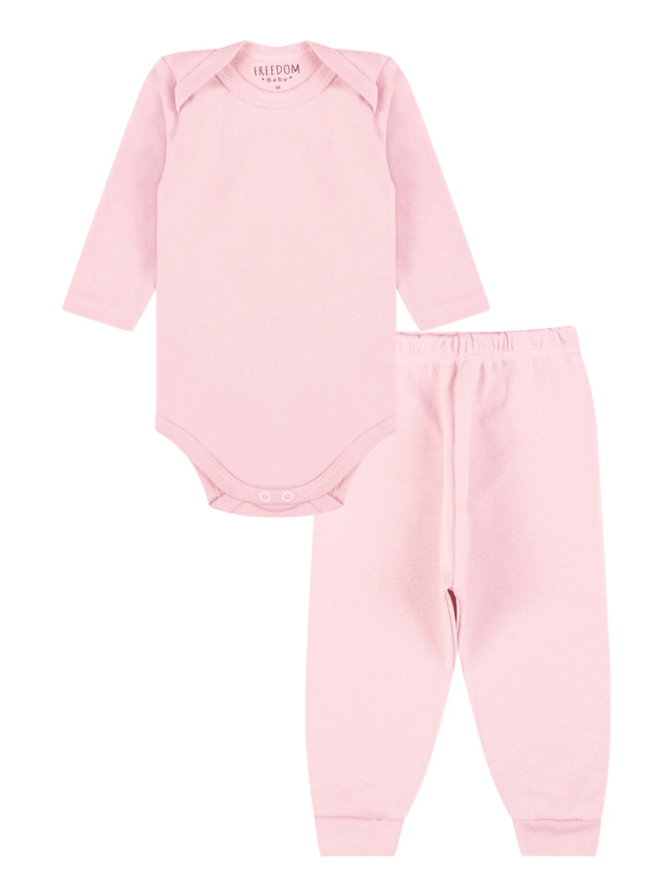 Conjunto Body em Algodão Manga Rosa Bebê - Rosa Bebê - Visão 1