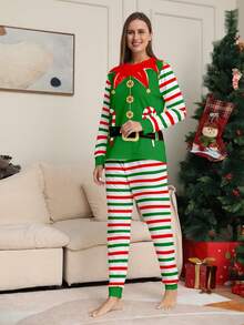 2件套女士圣诞新款绿红条纹印花长袖上衣和裤子休闲家居睡衣套装，秋冬服装 - 彩色 - 查看 4