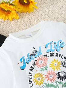 3 件装花卉蝴蝶印花女童长袖 T 恤、休闲套头衫上衣、年轻女孩服装套装 - 彩色 - 查看 3