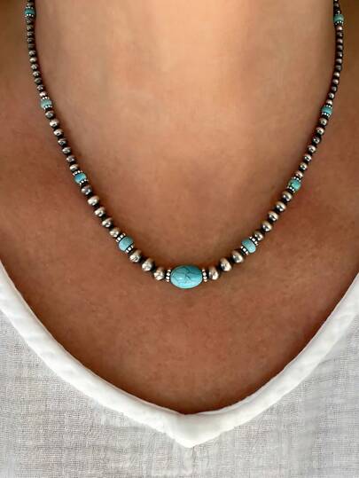 Retro Turquoise Necklace Vintage Western Country Earrings Set Female Ancient Silver Color Beaded Jewelry Set