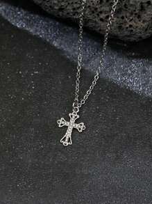 Retro Gothic Style Rhinestone Studded Star & Cross Stainless Steel Chain Necklace For Women And Men