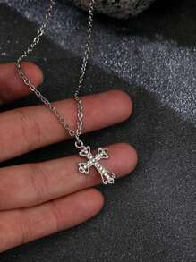 Retro Gothic Style Rhinestone Studded Star & Cross Stainless Steel Chain Necklace For Women And Men