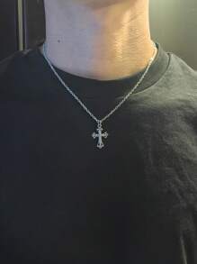 Retro Gothic Style Rhinestone Studded Star & Cross Stainless Steel Chain Necklace For Women And Men