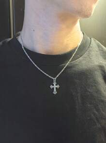 Retro Gothic Style Rhinestone Studded Star & Cross Stainless Steel Chain Necklace For Women And Men