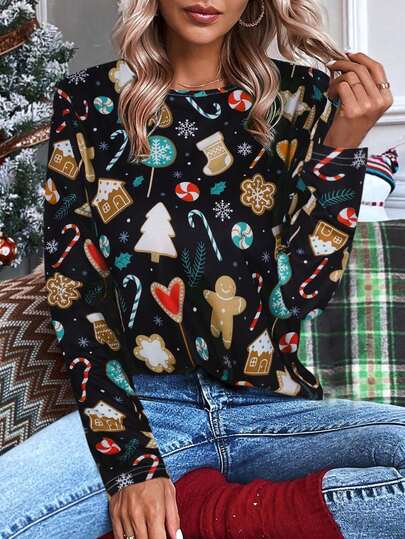 Women's Casual Christmas Theme Print Round Neck Long Sleeve T-Shirt