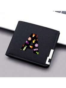 1件26字母卡通糖果元素钱包通用短款钱包男女生卡夹短钱包个性帆布双折钱包男孩女孩万圣节创意礼物生日 - 黑色 - 查看 14