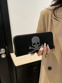 Halloween Skull Print Long Women Wallet, New Design Ripple Print Purse - Black - View 6