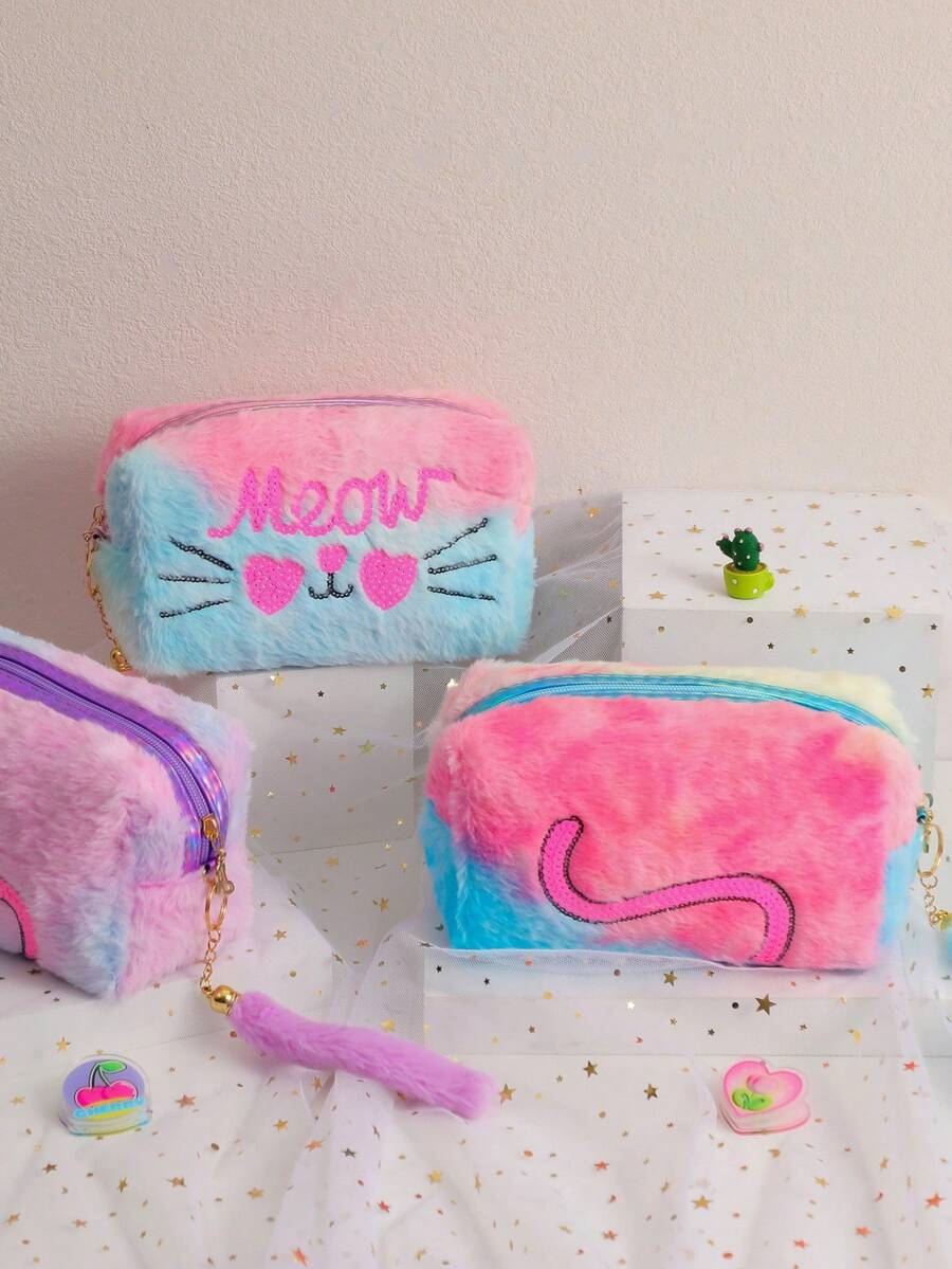 1pc Cartoon Cat Sequin Embroidery Stationery Organizer Pouch, Soft