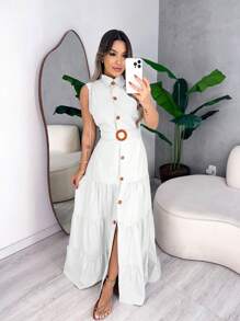 Women's Long Romana Dress - Luxury And Style With Buttons And Belt | MissEncinas - 白色 - 查看 1