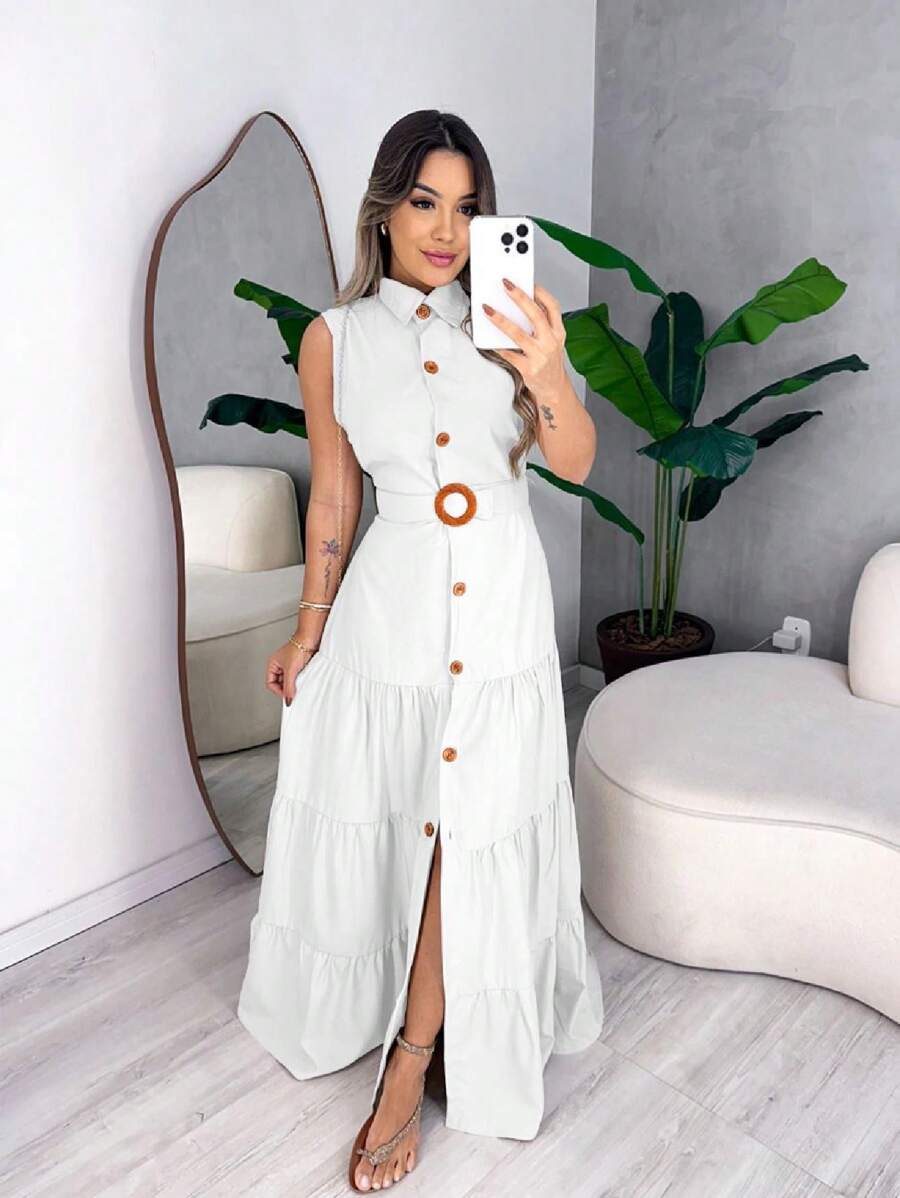 Women's Long Romana Dress - Luxury And Style With Buttons And Belt | MissEncinas - 白色 - 查看 1