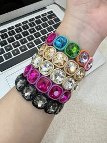 1 pieza Brazalete elástico decorado con cristal cúbico de colores de moda para hombre y mujer - pulsera elástica cuadrada - Ver 3