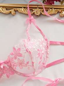 Style Dream 两件套女士花卉网纱刺绣性感蕾丝系带甜美内衣套装，适合情人节两件套女士套装，可爱超薄文胸 - 粉色 - 查看 4