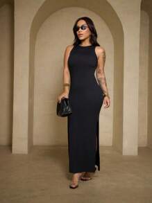 Long Dress With Side Slit - 黑色 - 查看 3