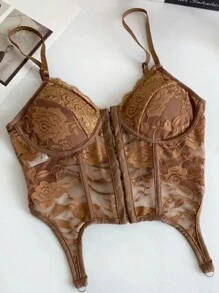 Sexy Fishbone Mesh Contrast Bandeau Crisscross Design Crop Top Bustier Body Shaper T-Shirt For Women - Khaki - View 6