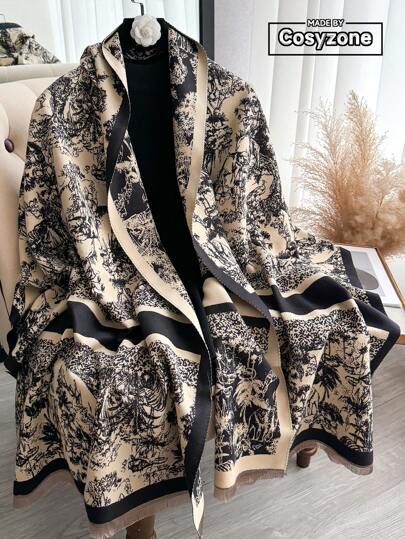 1pc New Classic Elegant Floral Jacquard Faux Cashmere Warm Scarf For Women, Multi-Purpose For Fall/Winter Fashion Accessory Accessories Women
