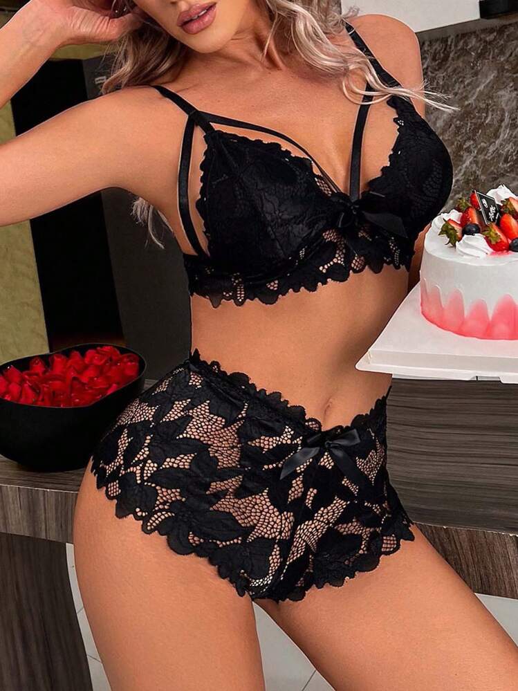 Ning xue yan ying 2 piezas Conjunto de ropa interior y lencería femenina con panty triangular de cintura alta, cuello en V, malla transparente y decoración de lazo - Negro - Añade 2