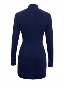 IGKEEL Elegant Navy Blue Long Sleeve Slim Fit Solid Color Mini Dress, Suitable For Spring & Autumn - Navy Blue - View 2