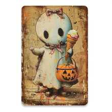 Biển thiếc kim loại hình chú ma dễ thương cổ điển với quả bí ngô - 8x12 inch | Lý tưởng để trang trí Halloween, nghệ thuật treo tường trong nhà/ngoài trời cho gia đình, quán bar, quán cà phê, nhà để xe và thư viện | Chất liệu sắt bền - Nhiều màu - Xem 1