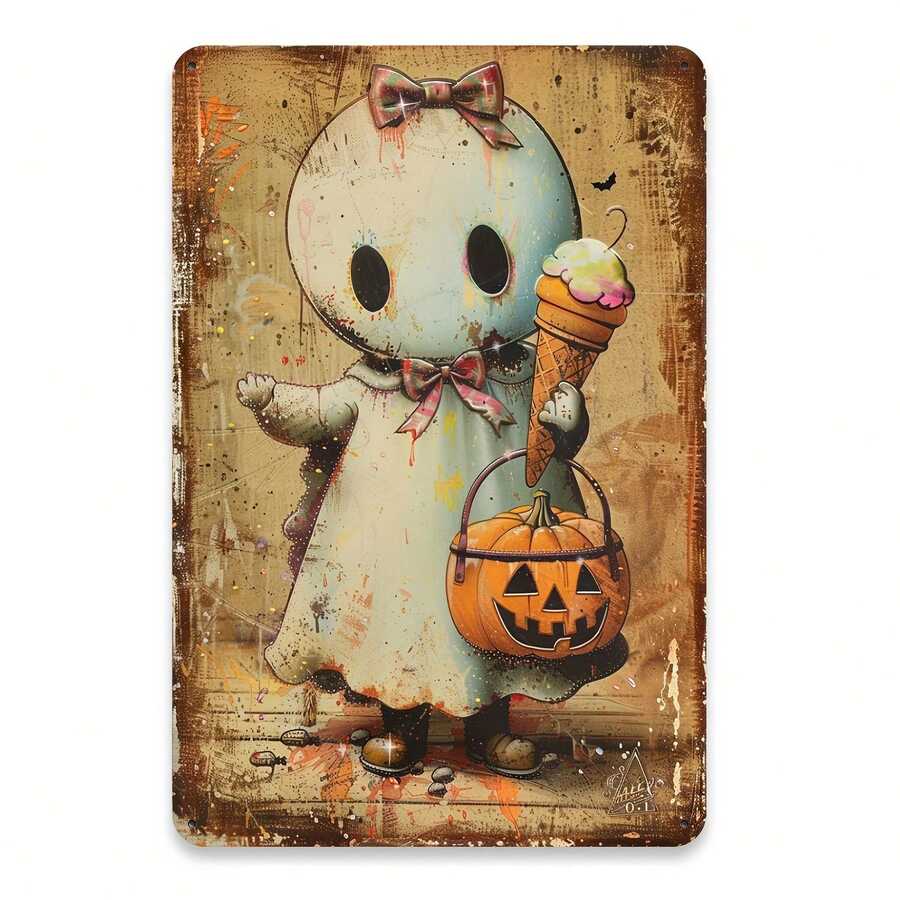 Biển thiếc kim loại hình chú ma dễ thương cổ điển với quả bí ngô - 8x12 inch | Lý tưởng để trang trí Halloween, nghệ thuật treo tường trong nhà/ngoài trời cho gia đình, quán bar, quán cà phê, nhà để xe và thư viện | Chất liệu sắt bền - Nhiều màu - Xem 1