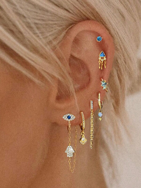 Set de 7 piezas de aretes y pendientes con ojo del mal de circonita elegante, adecuado para uso diario, fiestas, festivales, citas o bodas