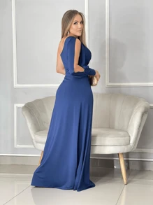 Long Dress With Sleeves For Bridesmaid Wedding Graduation Light Party - Navy Blue - View 2