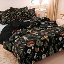 3 Peças Conjunto de Roupa de Cama com Estampa de Floresta de Cogumelos e Floral em Poliéster, Adequado para Quarto e Quarto de Hóspedes. Confortável Conjunto de Edredom, Presente Ideal para Família e Amigos (1*Capa de Edredom + 2*Fronhas, Sem Enchimento) - terno 1 - Visão 1
