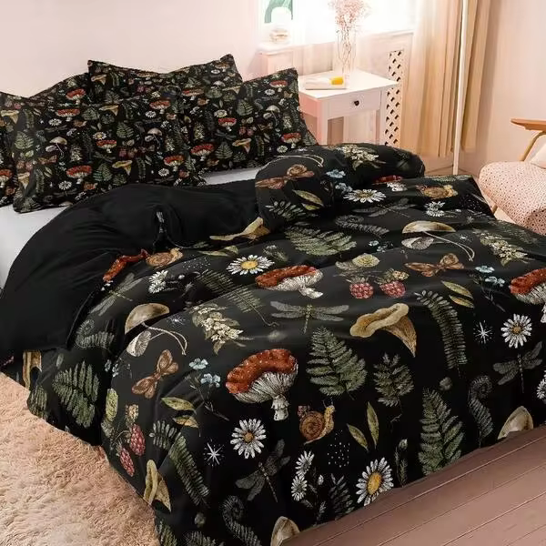 3pcs Polyester Mushroom Forest Floral Print Bedding Duvet Cover Set, Suitable For Bedroom, Guest Room. Lightweight, Soft And Comfortable Duvet Cover, Gift For Family And Friends (1*Duvet Cover + 2*Pillowcases, Without Inserts)
