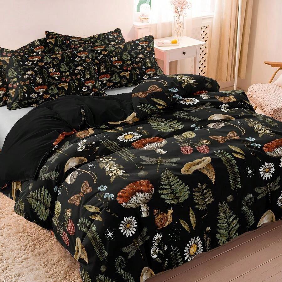 3 Peças Conjunto de Roupa de Cama com Estampa de Floresta de Cogumelos e Floral em Poliéster, Adequado para Quarto e Quarto de Hóspedes. Confortável Conjunto de Edredom, Presente Ideal para Família e Amigos (1*Capa de Edredom + 2*Fronhas, Sem Enchimento) - terno 1 - Visão 1