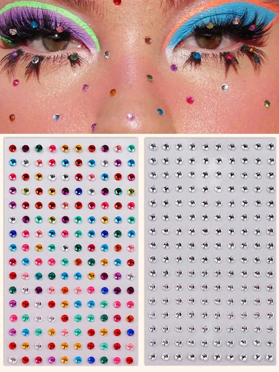 2PCS Multi-Color Silver White Rhinestone Beautiful Women's Face Decoration Rhinestone Stickers Y2K Festival Party Daily Makeup DIY Music Festival Prom Applicable To Hair Eyes Face Body Decoration Rhinestone Stickers - Multicolor - View 1