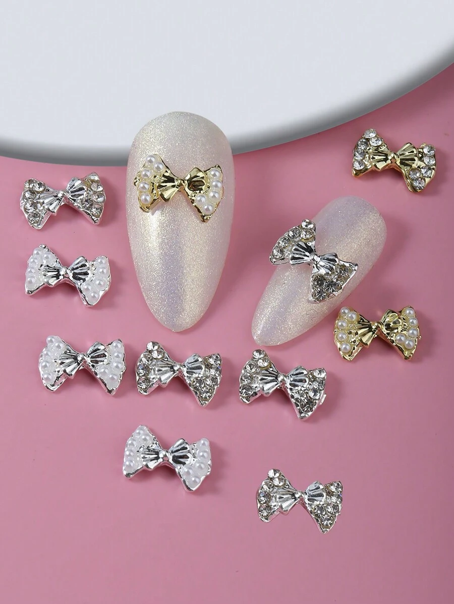 10pcs Nail Charms Nails, Nail Supplies, Bow-Shaped Gold, Silver, White Rhinestone, Faux Pearl Nail Charms, Light Luxury French Style, Versatile Metal Nail Supplies, Valentine's Day, Music Festival, Travel, Holiday Celebrations, Shiny White Rhinestones Nail Gems, Suitable For Multi-Functional DIY Accessories Nail Decoration - Multicolor - View 1