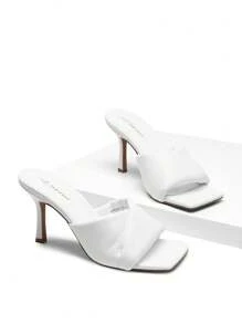 Women Stiletto Heeled Mule Sandals Elegant Square Open Toe Heels For Dating Party Daily Wearing - 白色 - 查看 1